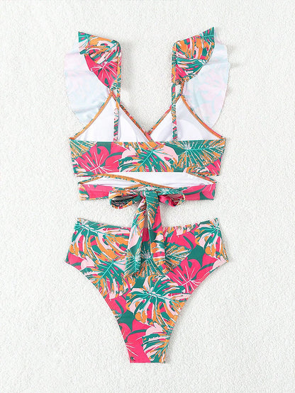 Ruffled Lace-Up Floral Bikini Swimsuits