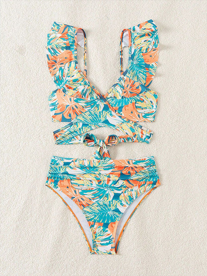 Ruffled Lace-Up Floral Bikini Swimsuits