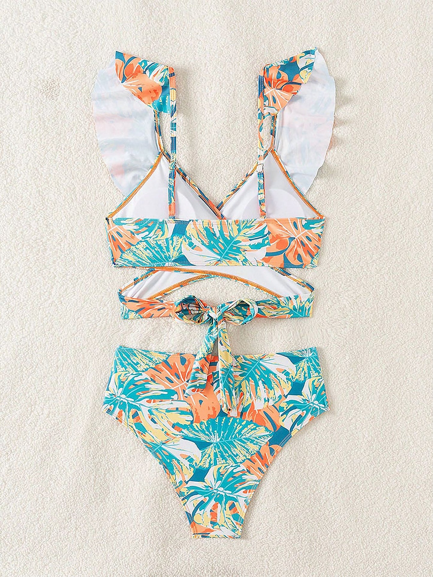Ruffled Lace-Up Floral Bikini Swimsuits