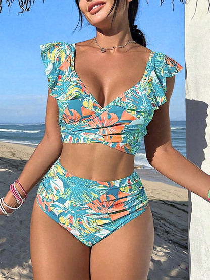 Ruffled Lace-Up Floral Bikini Swimsuits