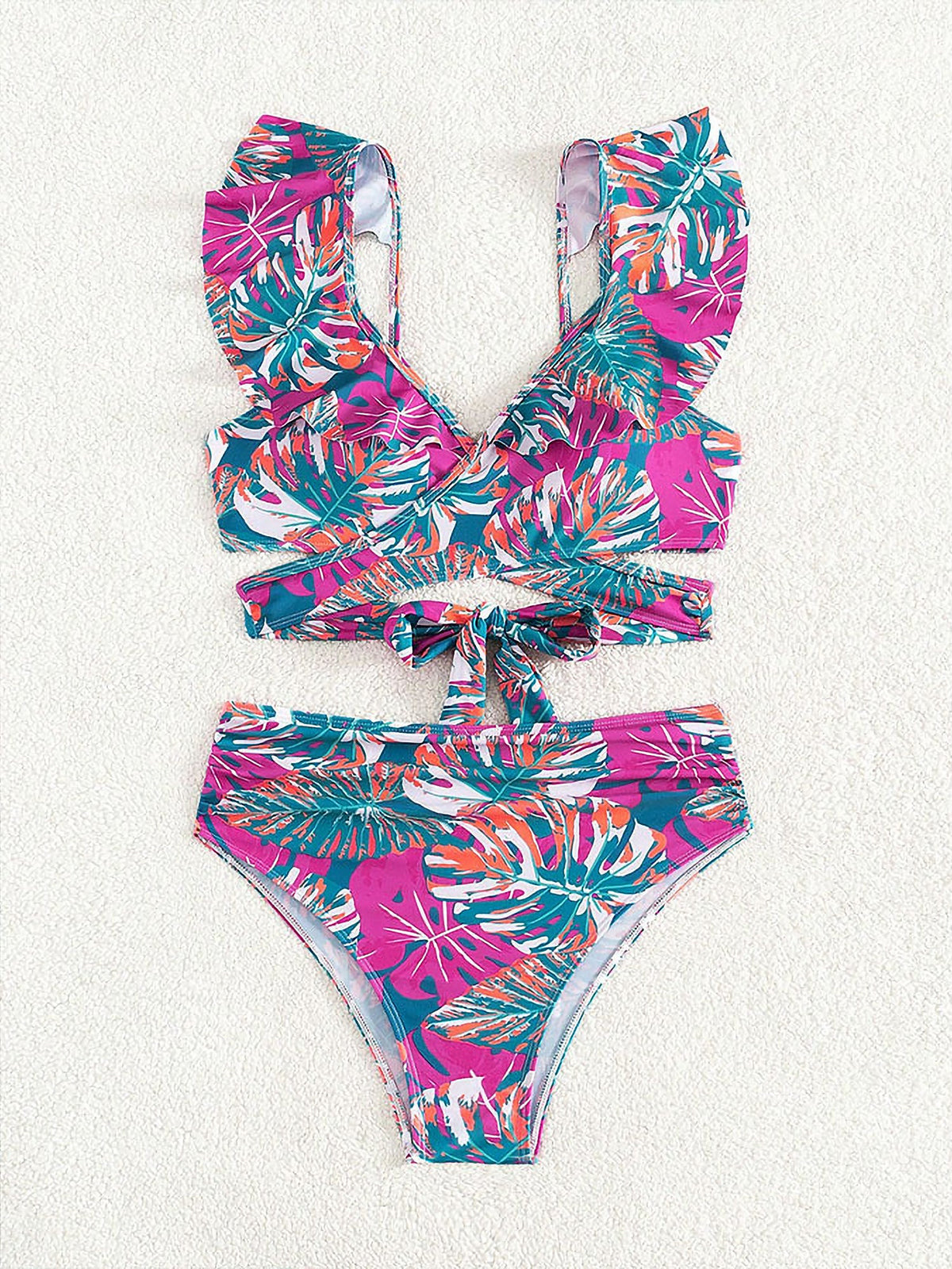 Ruffled Lace-Up Floral Bikini Swimsuits