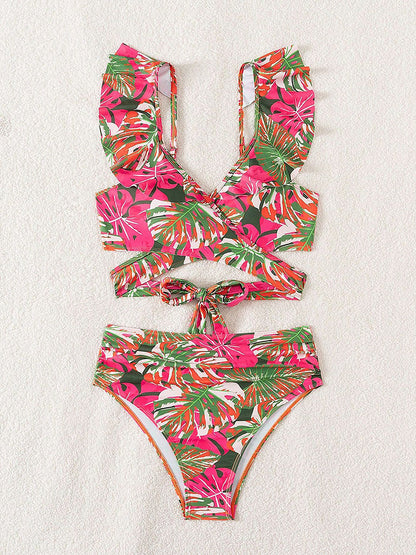 Ruffled Lace-Up Floral Bikini Swimsuits