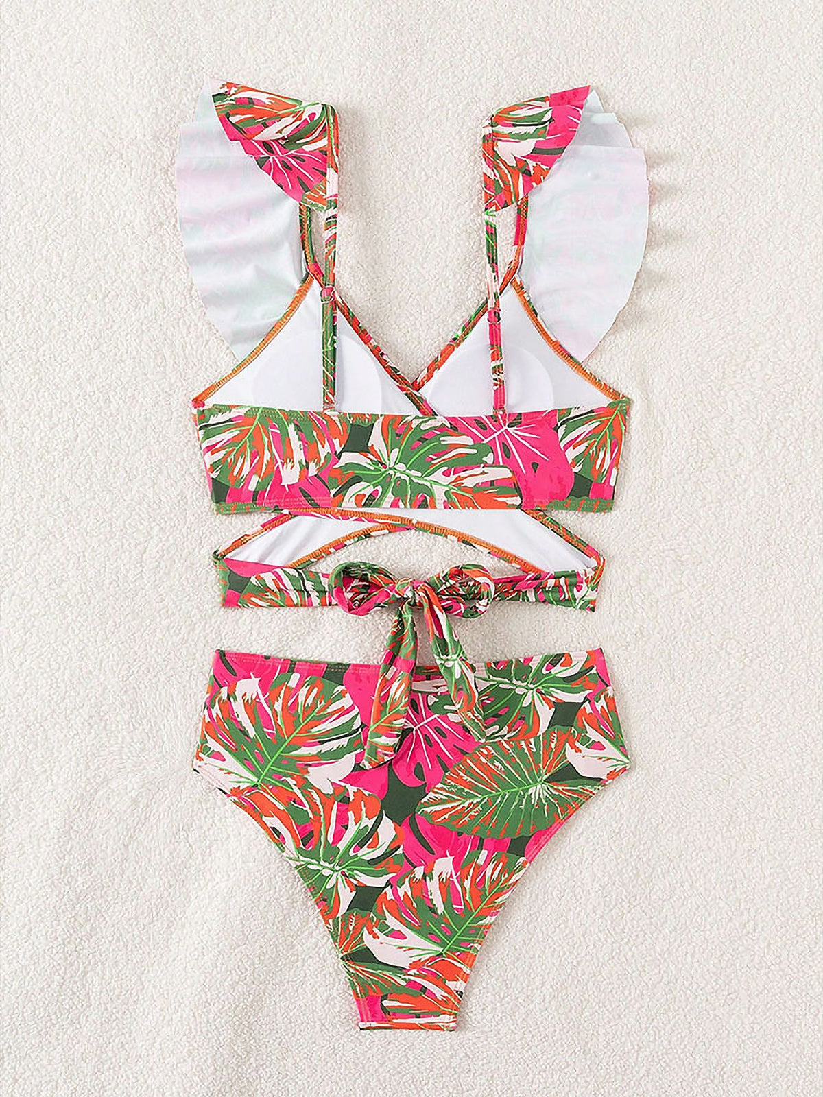 Ruffled Lace-Up Floral Bikini Swimsuits