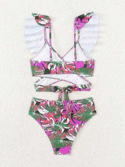 Ruffled Lace-Up Floral Bikini Swimsuits