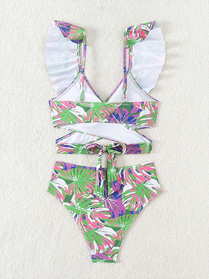 Ruffled Lace-Up Floral Bikini Swimsuits