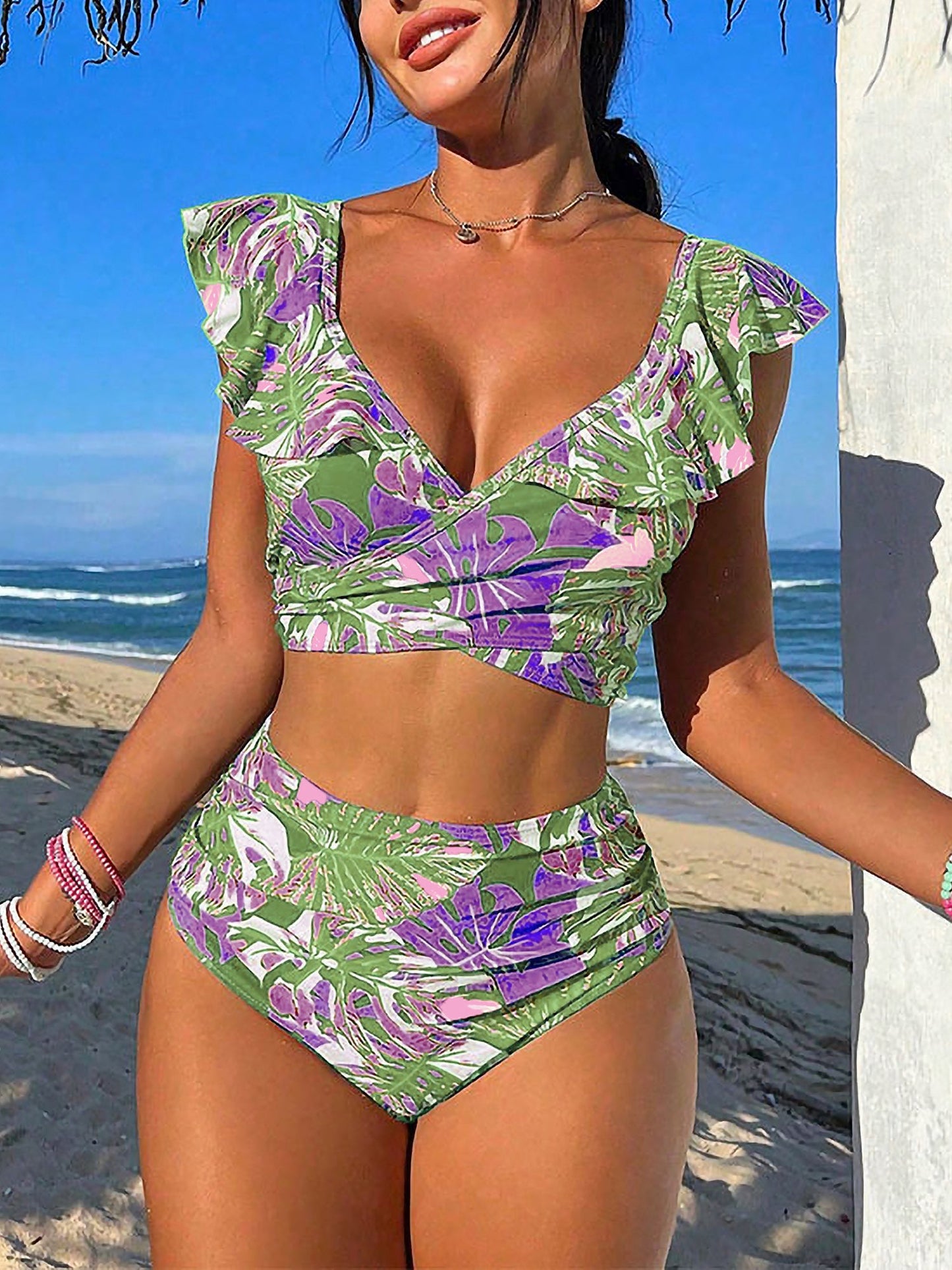 Ruffled Lace-Up Floral Bikini Swimsuits