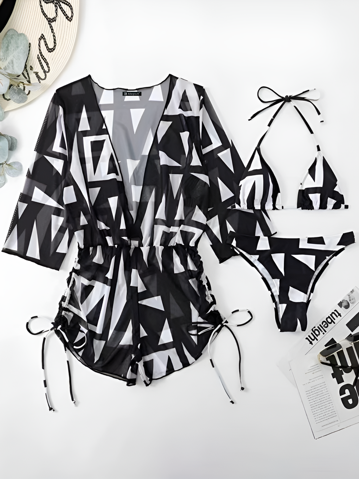 3 Pieces Halter Lace-Up Bikinis & Printed Beach Cover Ups Set