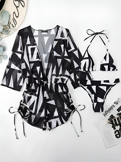 3 Pieces Halter Lace-Up Bikinis & Printed Beach Cover Ups Set