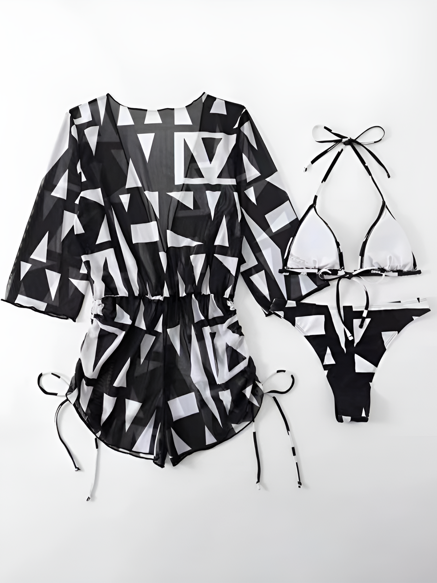 3 Pieces Halter Lace-Up Bikinis & Printed Beach Cover Ups Set