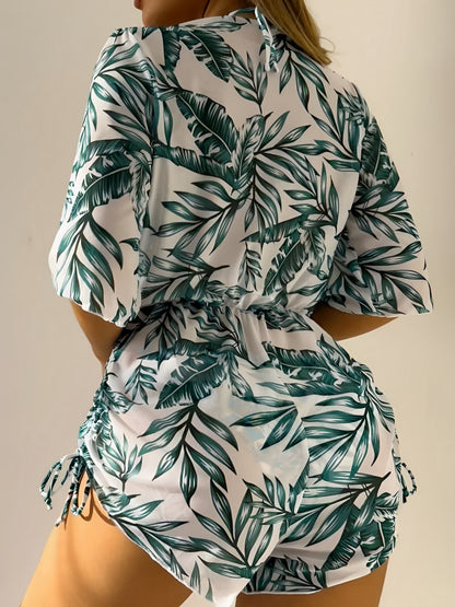 3 Pieces Halter Lace-Up Bikinis & Printed Beach Cover Ups Set