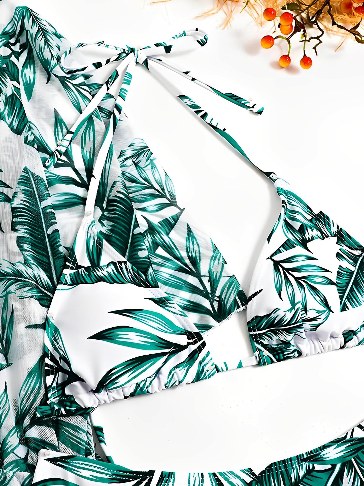 3 Pieces Halter Lace-Up Bikinis & Printed Beach Cover Ups Set