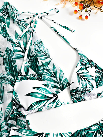 3 Pieces Halter Lace-Up Bikinis & Printed Beach Cover Ups Set