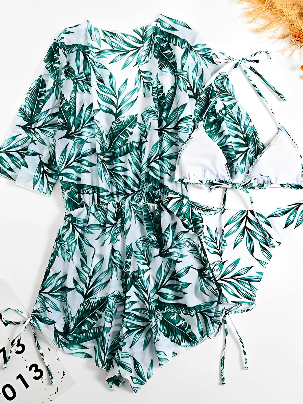 3 Pieces Halter Lace-Up Bikinis & Printed Beach Cover Ups Set