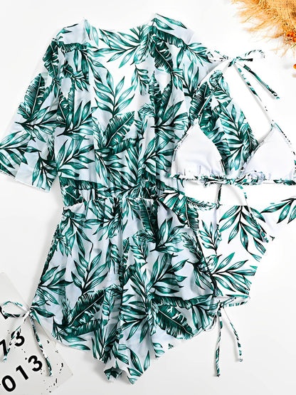 3 Pieces Halter Lace-Up Bikinis & Printed Beach Cover Ups Set
