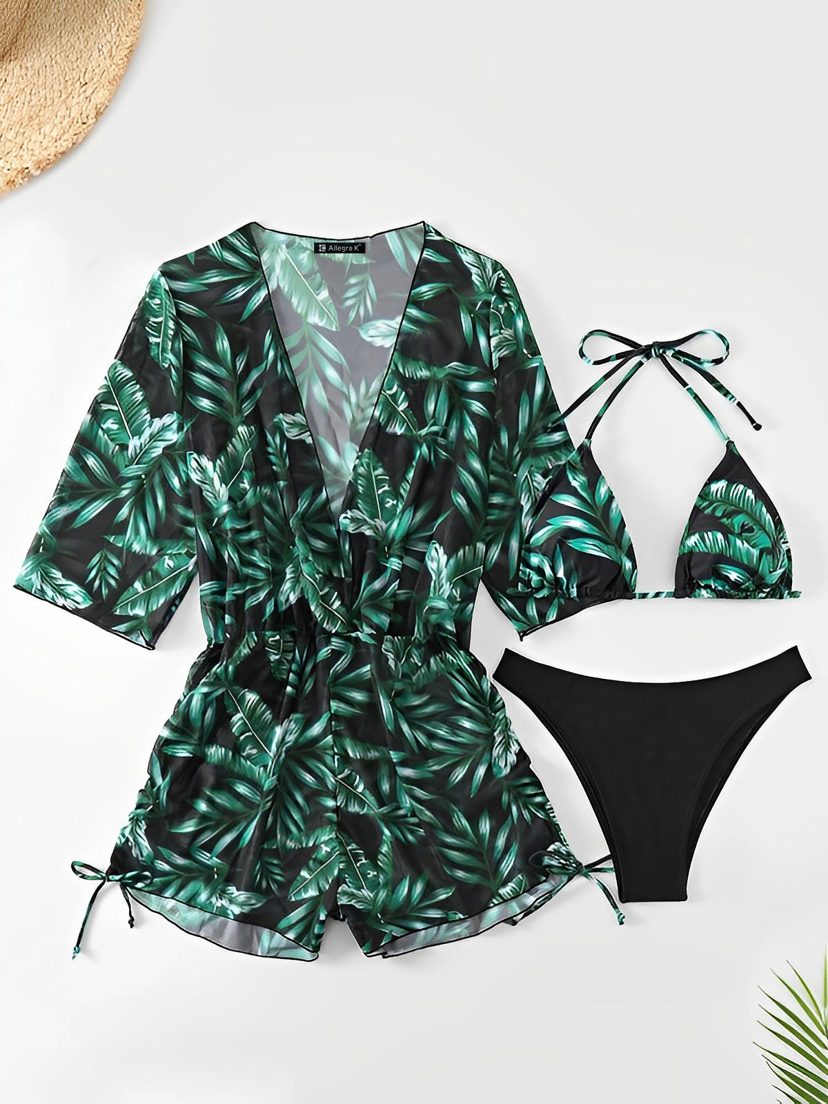 3 Pieces Halter Lace-Up Bikinis & Printed Beach Cover Ups Set