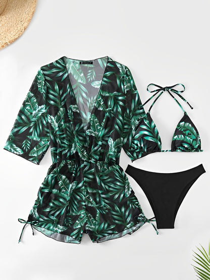 3 Pieces Halter Lace-Up Bikinis & Printed Beach Cover Ups Set