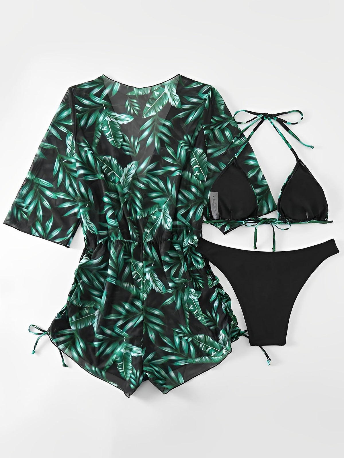 3 Pieces Halter Lace-Up Bikinis & Printed Beach Cover Ups Set