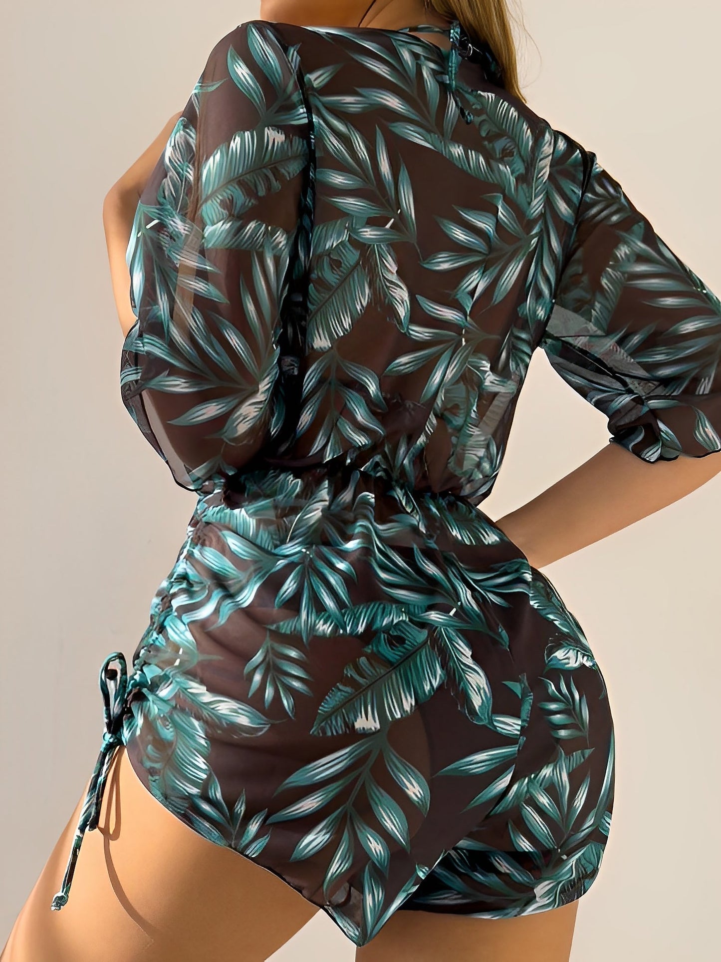 3 Pieces Halter Lace-Up Bikinis & Printed Beach Cover Ups Set