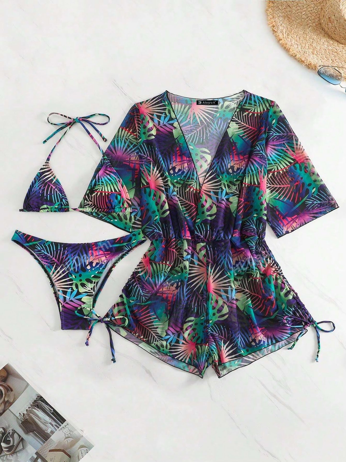 3 Pieces Halter Lace-Up Bikinis & Printed Beach Cover Ups Set