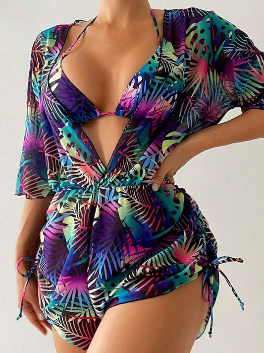 3 Pieces Halter Lace-Up Bikinis & Printed Beach Cover Ups Set