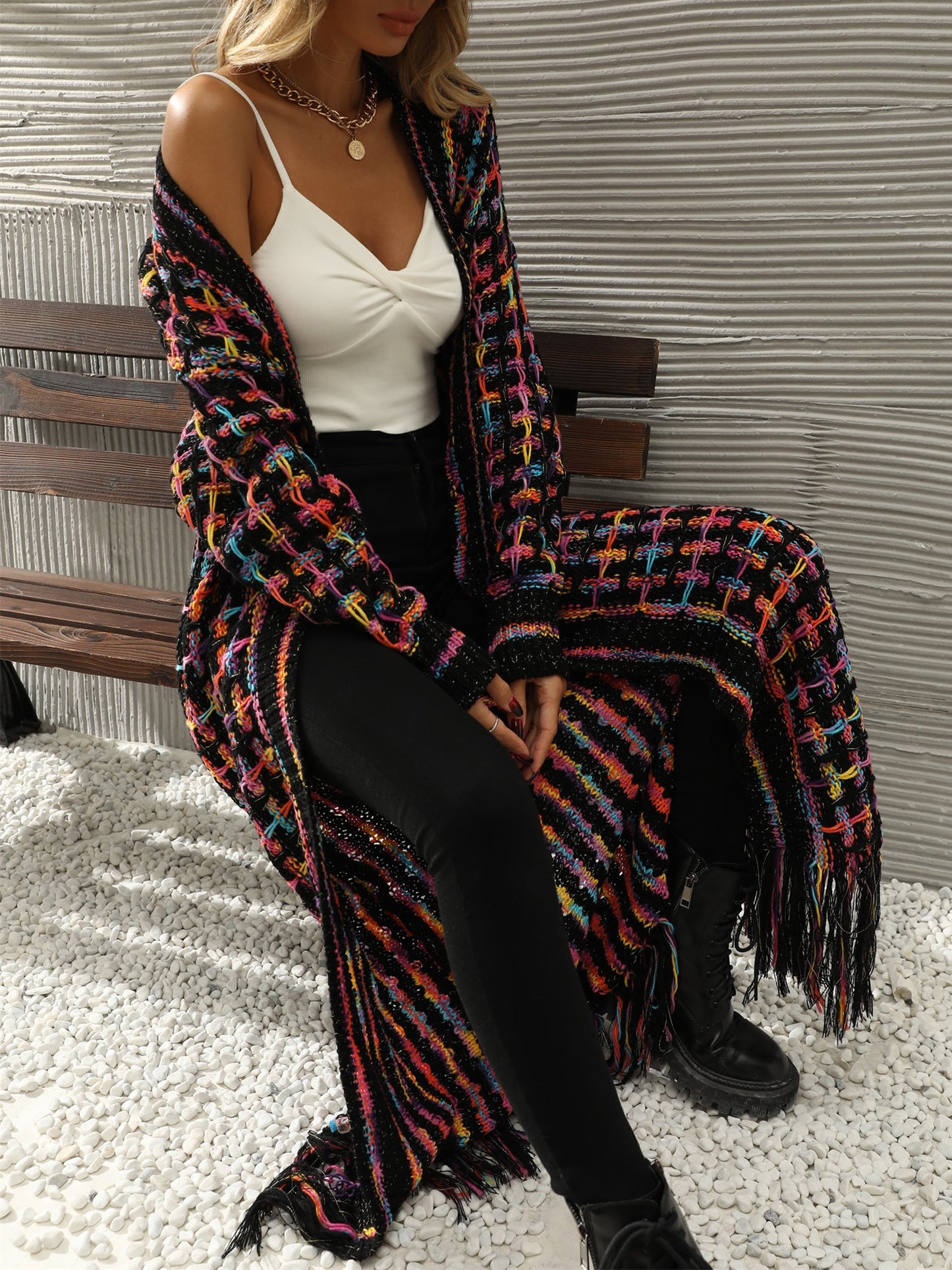 Boho-Chic Layering Knitted Tassel Mid-Length Open Front Cardigan Sweater