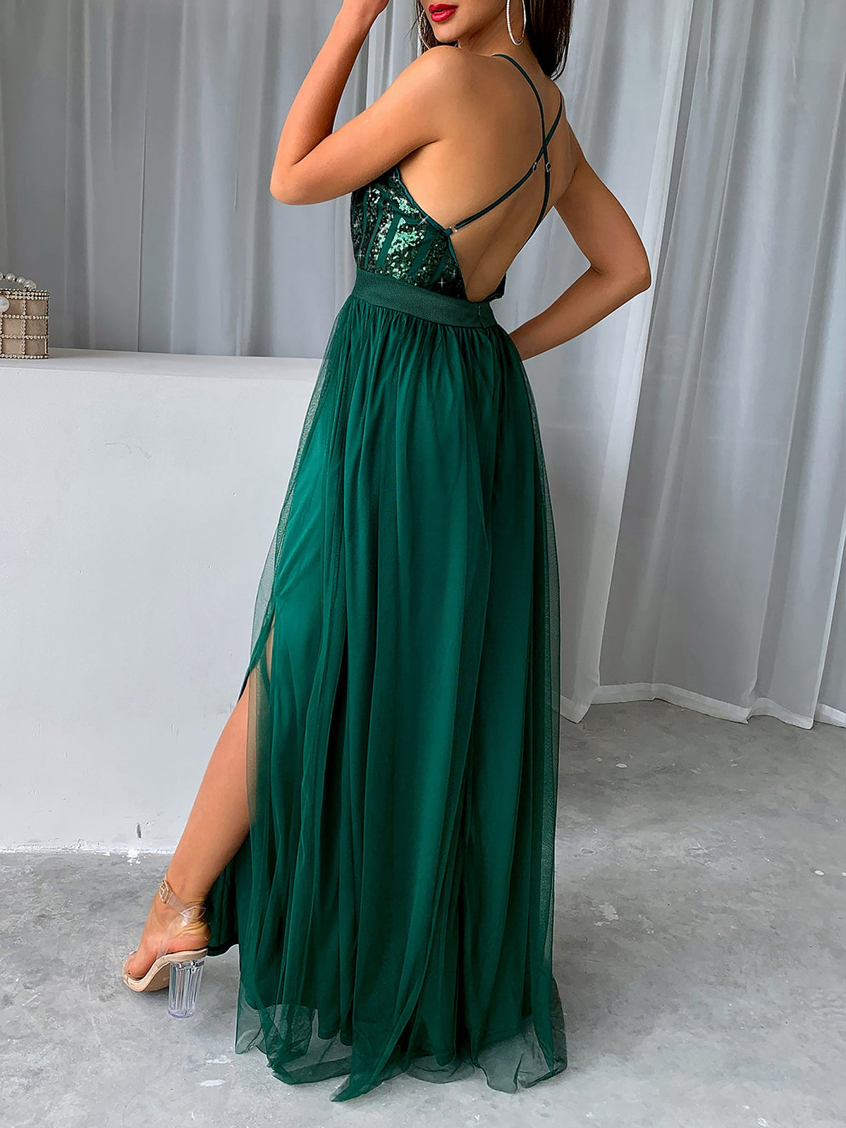 Sequin Mesh Spaghetti Strap Backless Slit Maxi Dress