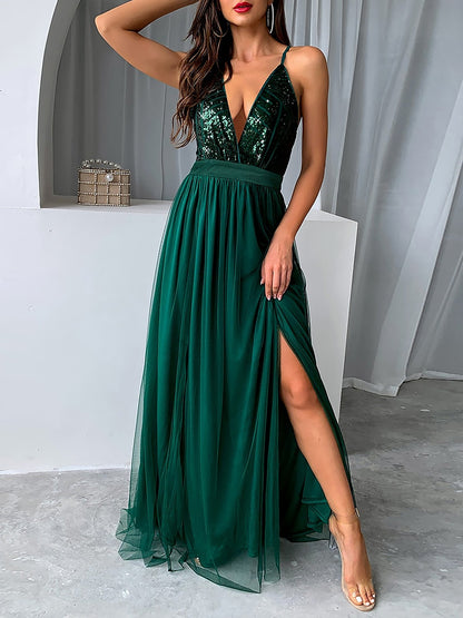 Sequin Mesh Spaghetti Strap Backless Slit Maxi Dress