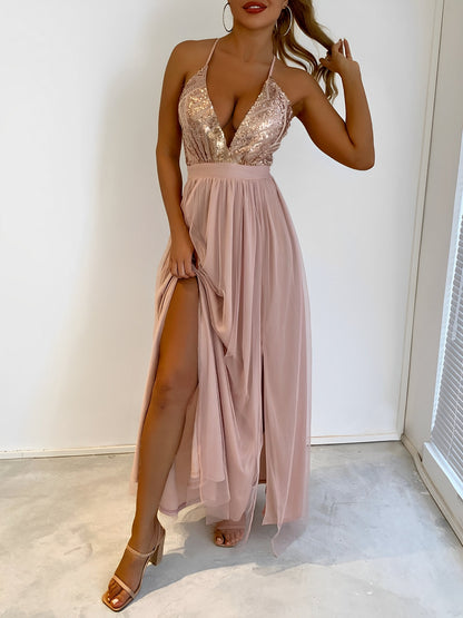Sequin Mesh Spaghetti Strap Backless Slit Maxi Dress