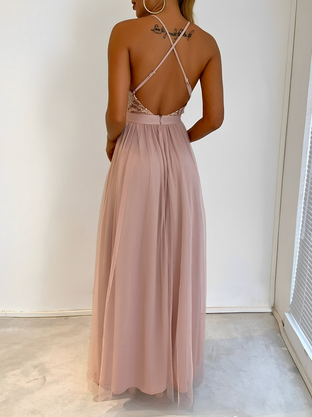 Sequin Mesh Spaghetti Strap Backless Slit Maxi Dress