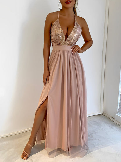 Sequin Mesh Spaghetti Strap Backless Slit Maxi Dress