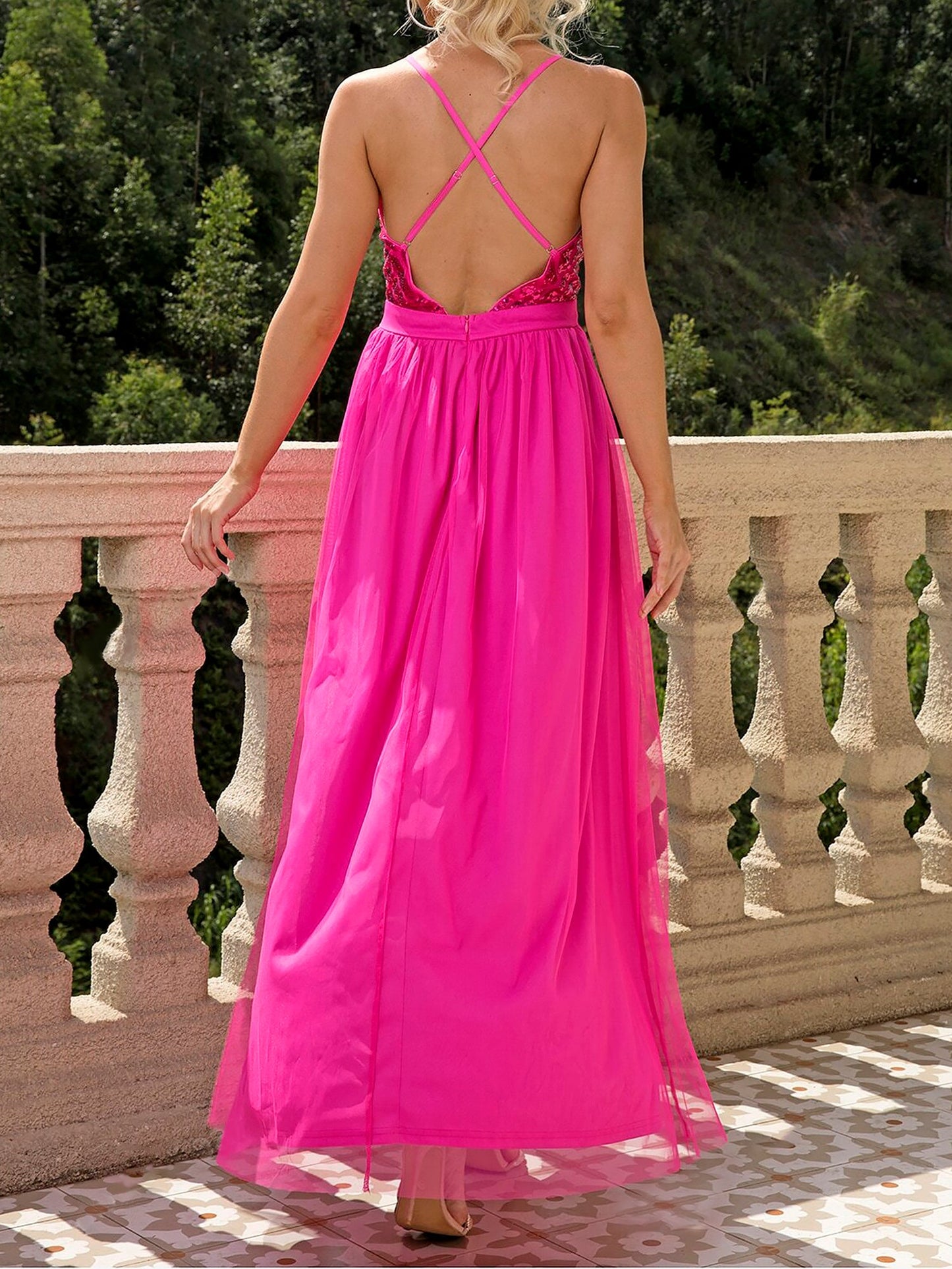 Sequin Mesh Spaghetti Strap Backless Slit Maxi Dress