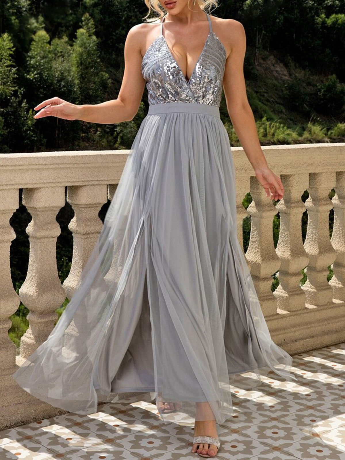 Sequin Mesh Spaghetti Strap Backless Slit Maxi Dress