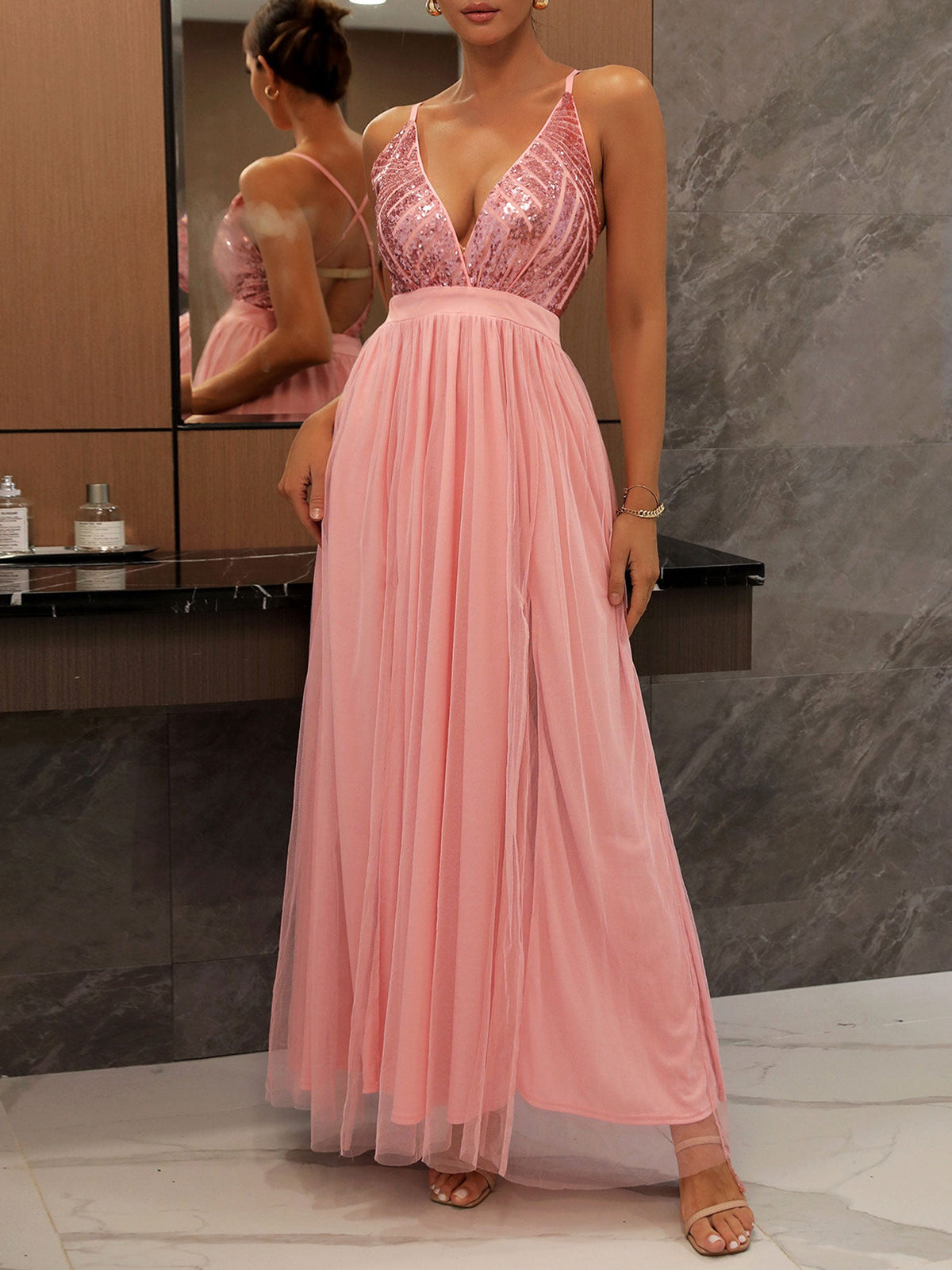Sequin Mesh Spaghetti Strap Backless Slit Maxi Dress