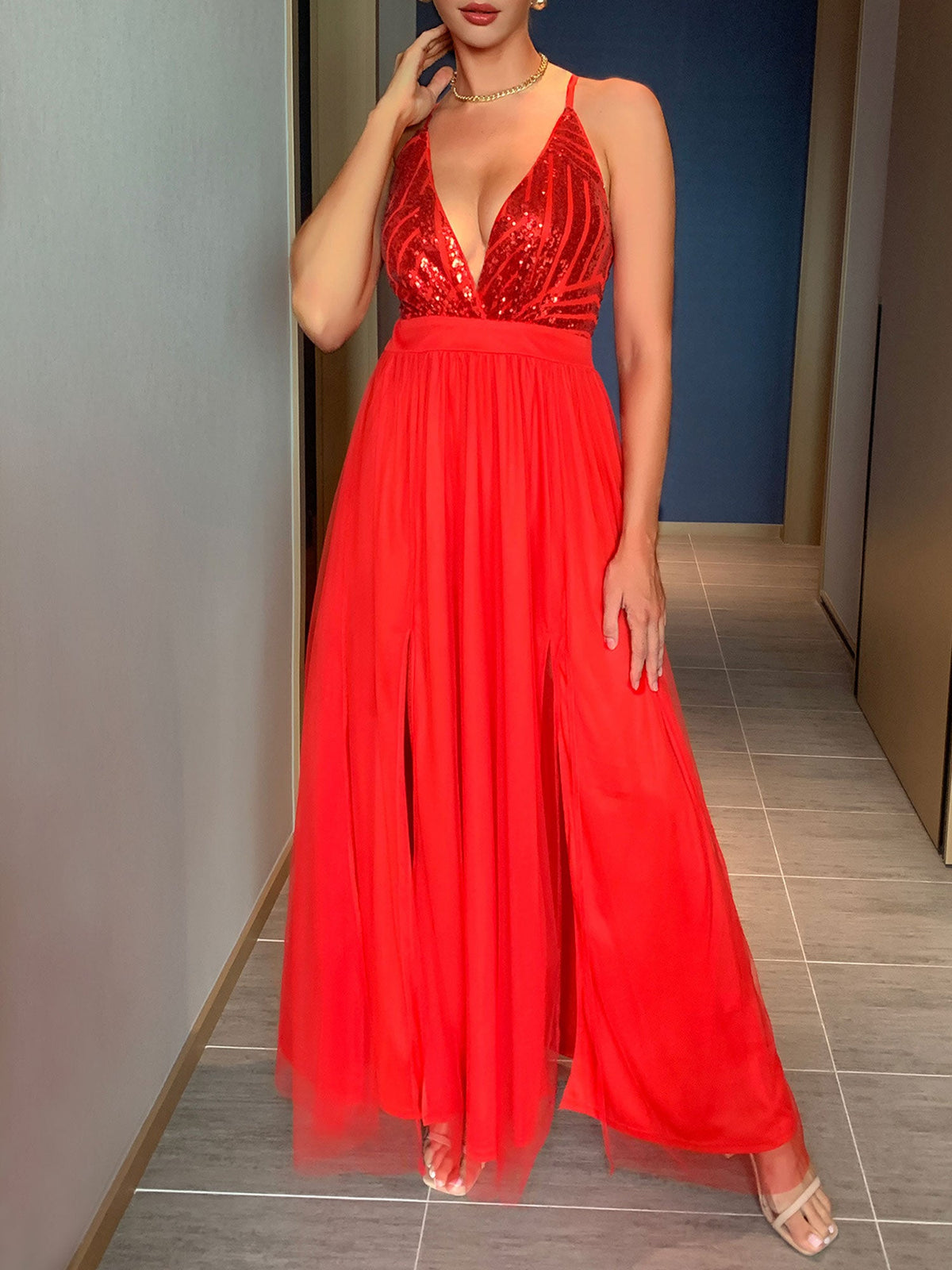 Sequin Mesh Spaghetti Strap Backless Slit Maxi Dress