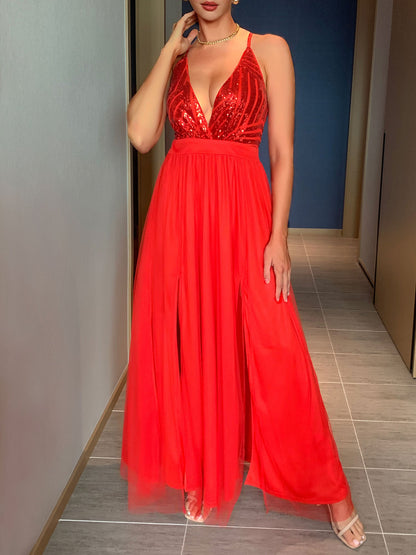 Sequin Mesh Spaghetti Strap Backless Slit Maxi Dress