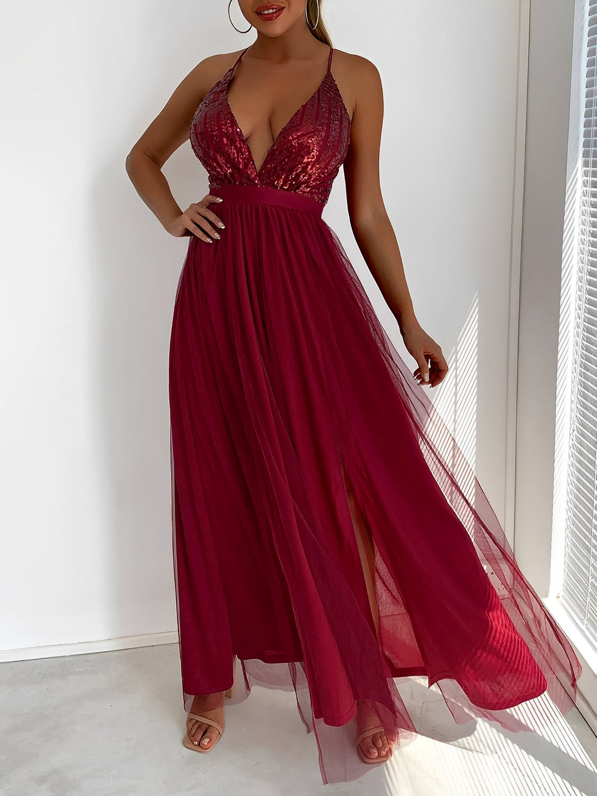 Sequin Mesh Spaghetti Strap Backless Slit Maxi Dress