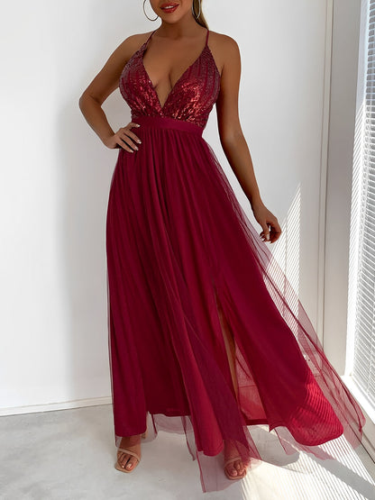 Sequin Mesh Spaghetti Strap Backless Slit Maxi Dress