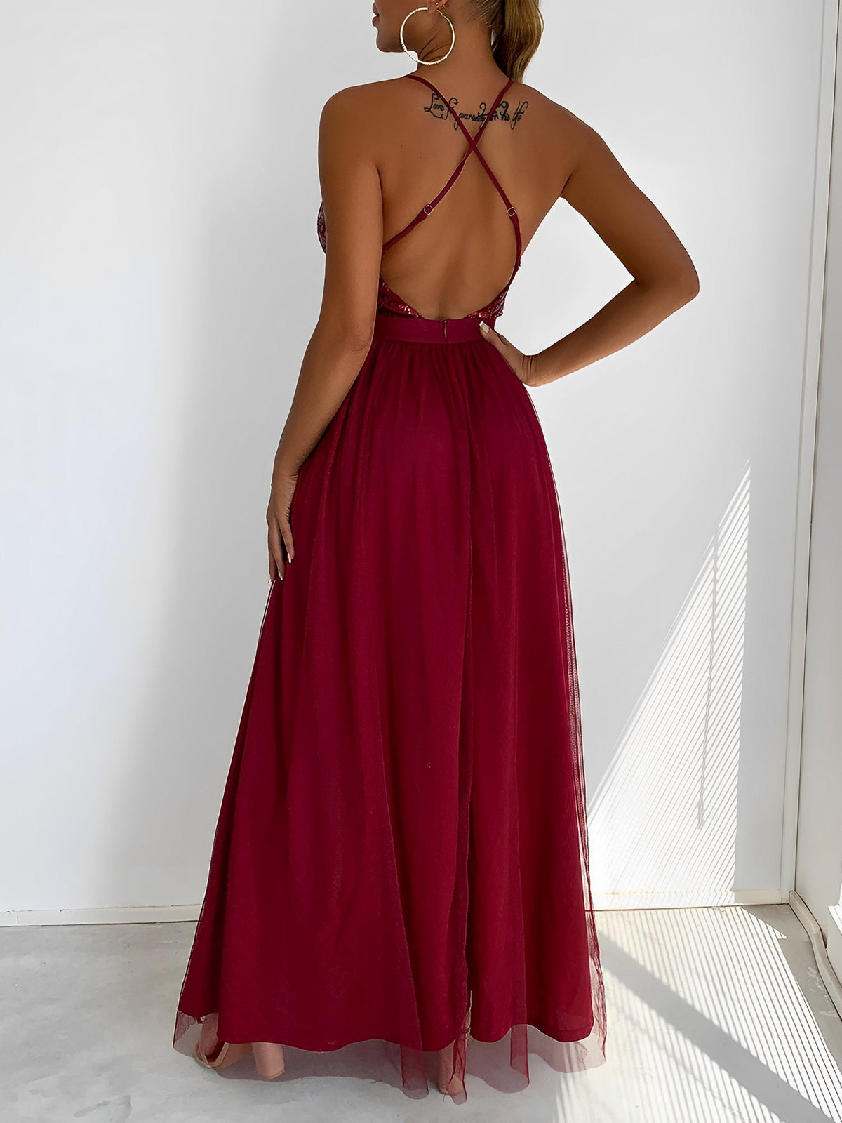 Sequin Mesh Spaghetti Strap Backless Slit Maxi Dress