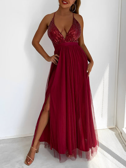 Sequin Mesh Spaghetti Strap Backless Slit Maxi Dress