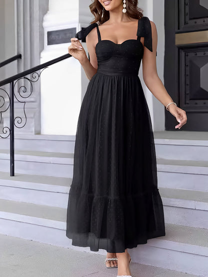 Sexy Sheer Swiss Dots Mesh Lace-Up Sleeveless Maxi Party Dress