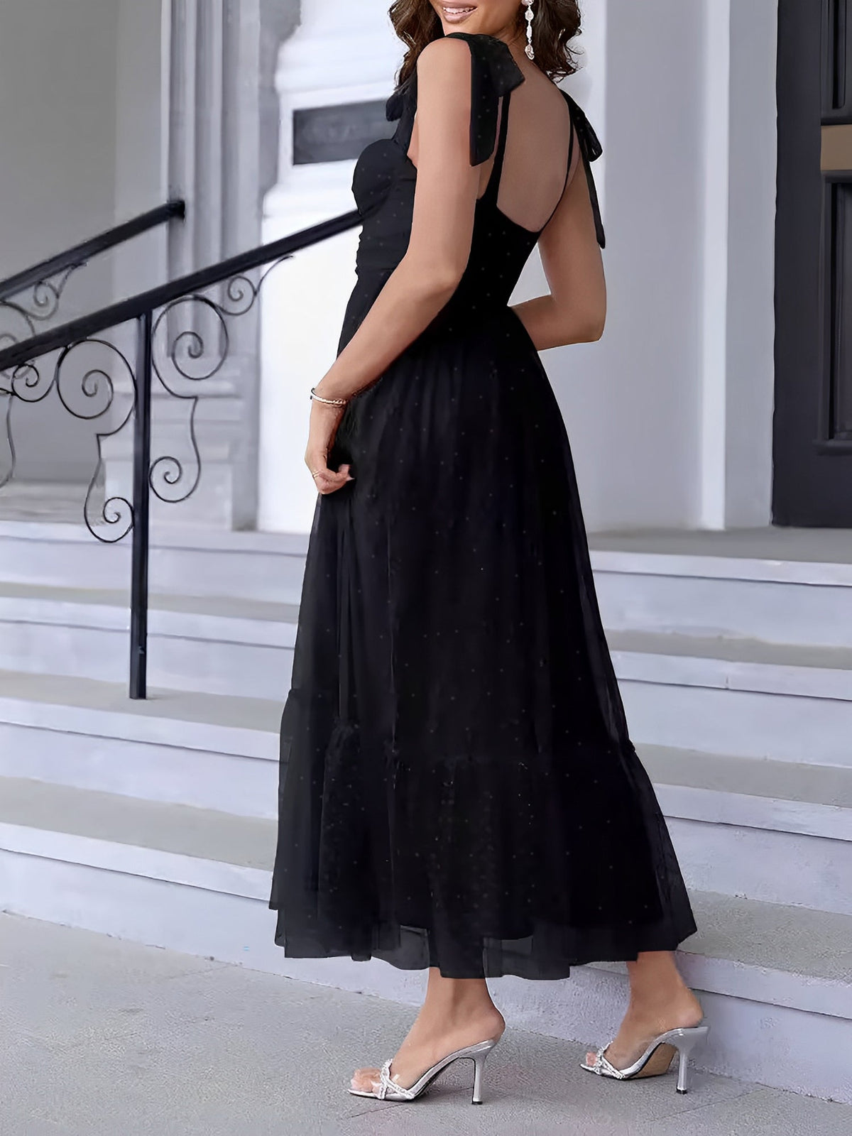 Sexy Sheer Swiss Dots Mesh Lace-Up Sleeveless Maxi Party Dress