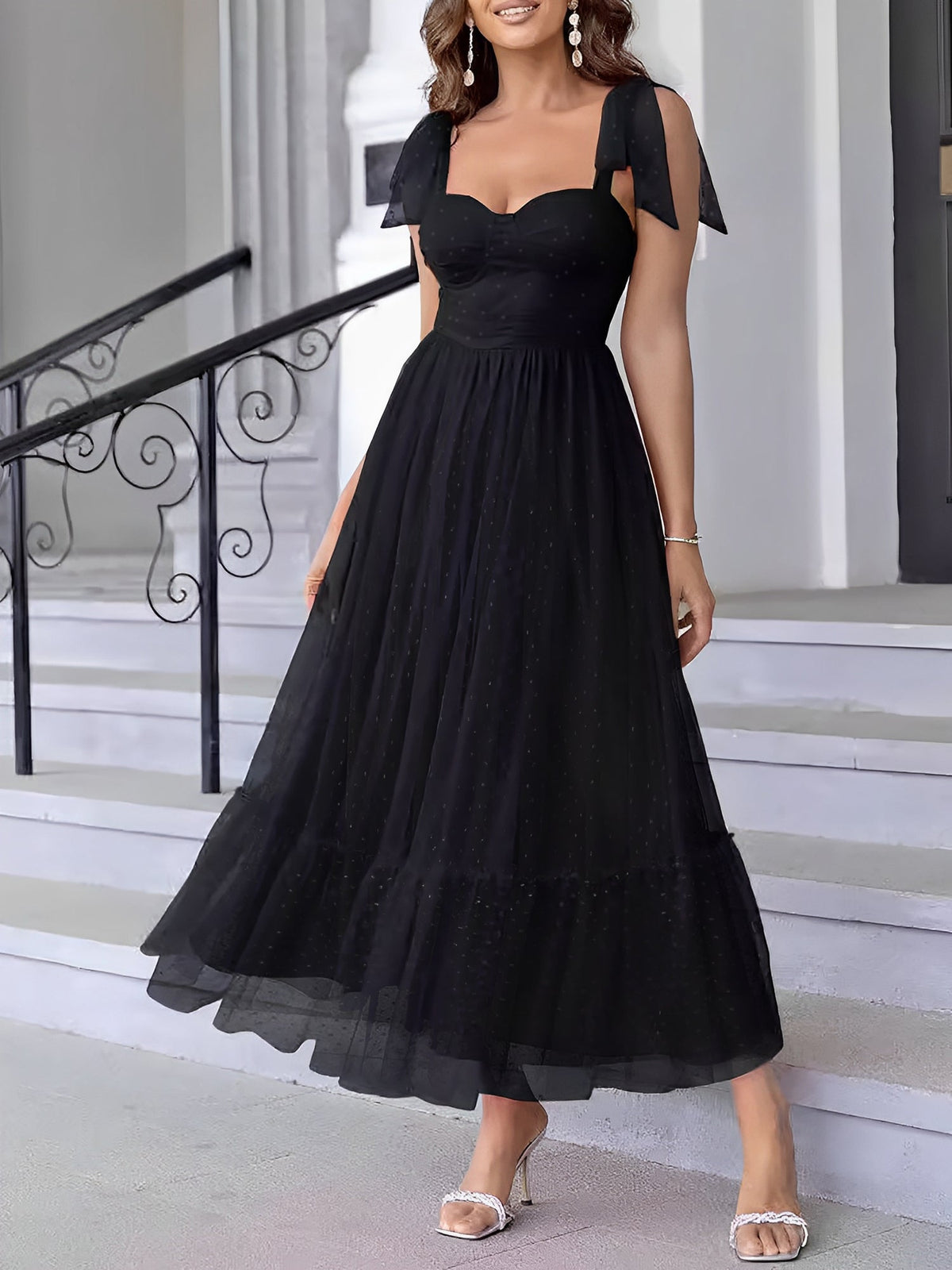 Sexy Sheer Swiss Dots Mesh Lace-Up Sleeveless Maxi Party Dress