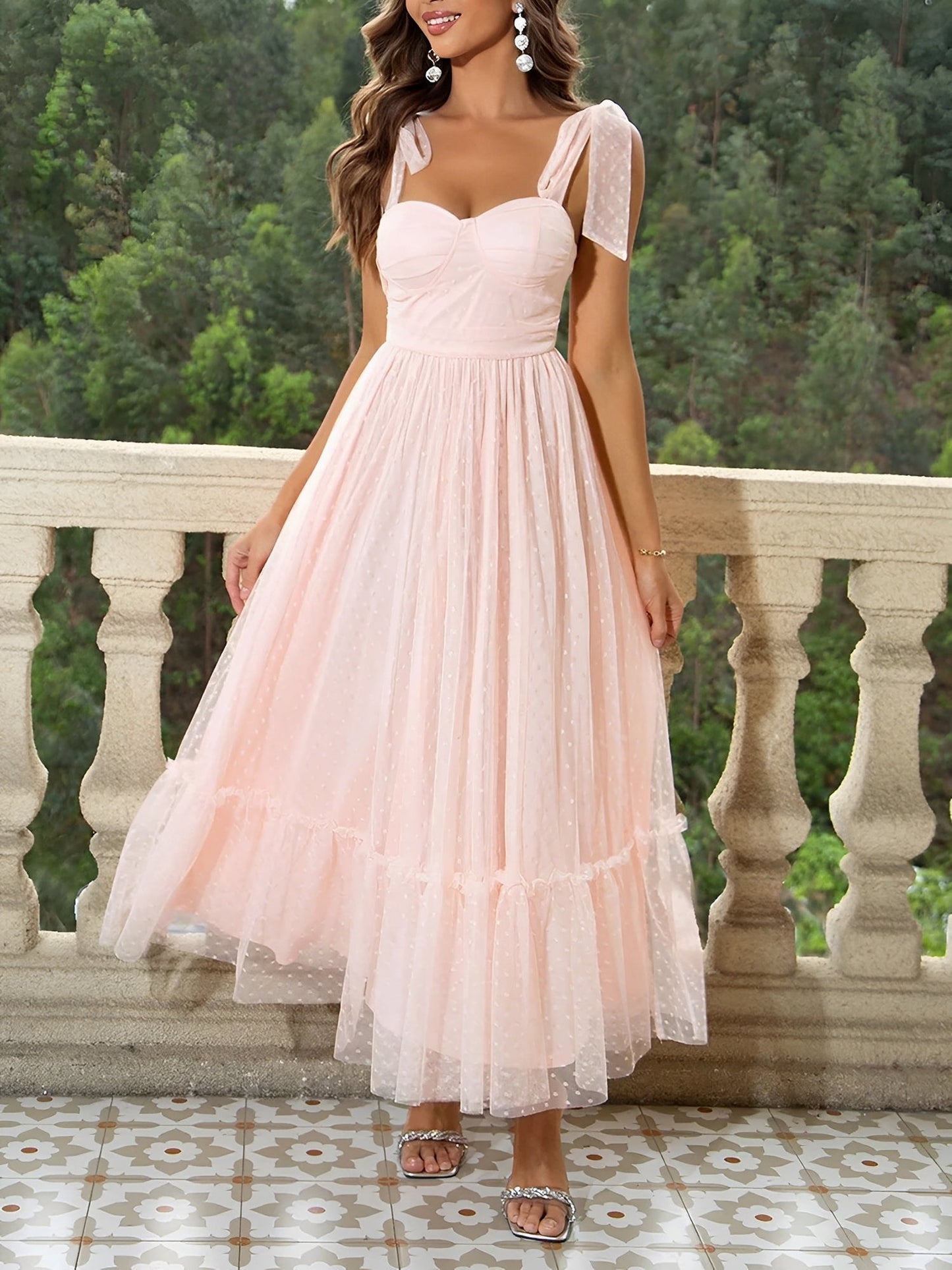 Sexy Sheer Swiss Dots Mesh Lace-Up Sleeveless Maxi Party Dress