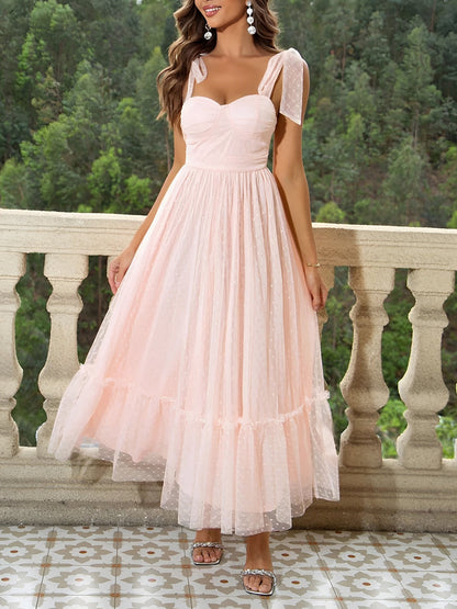 Sexy Sheer Swiss Dots Mesh Lace-Up Sleeveless Maxi Party Dress