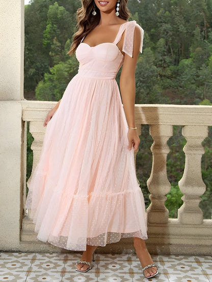 Sexy Sheer Swiss Dots Mesh Lace-Up Sleeveless Maxi Party Dress