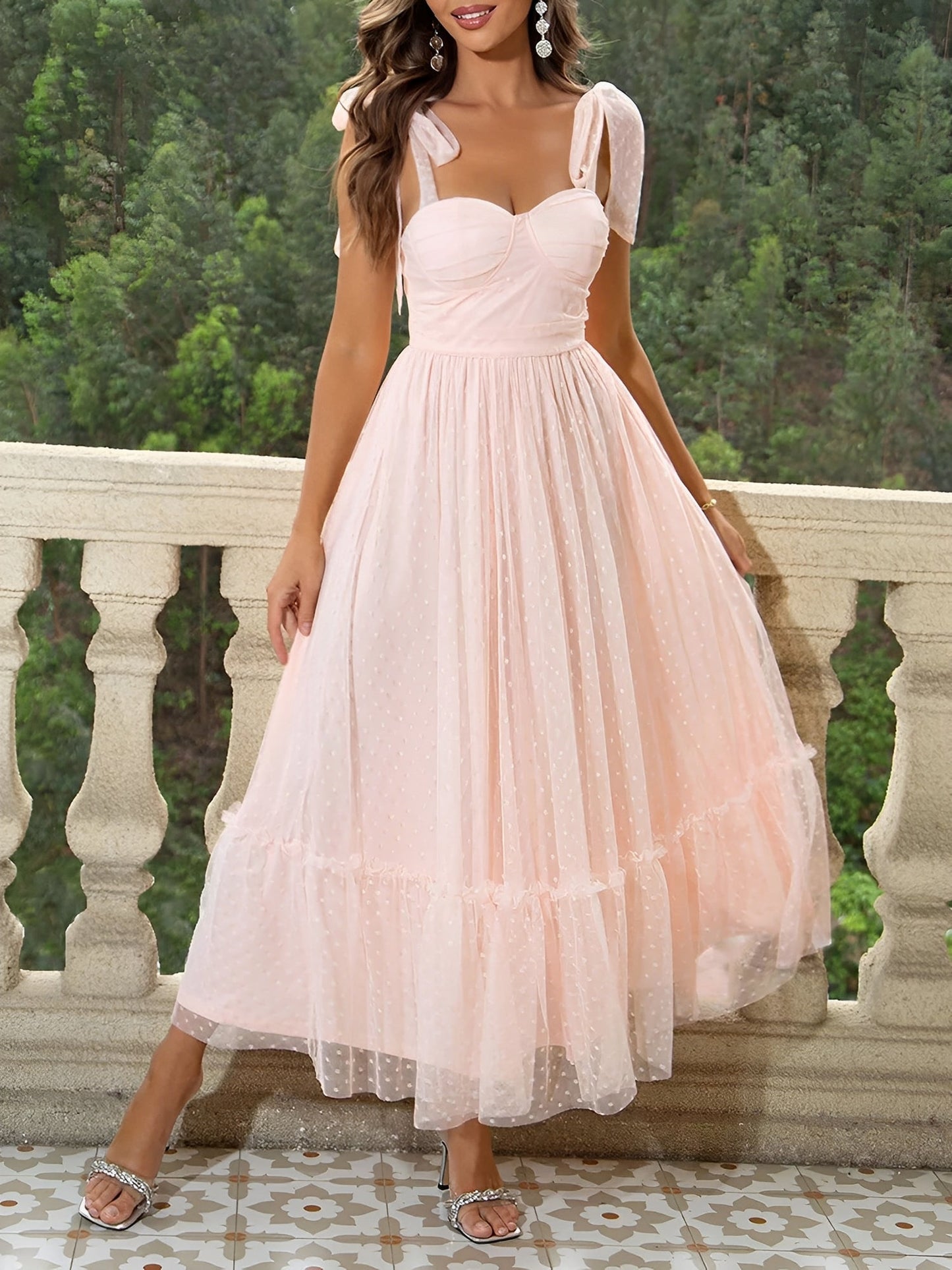 Sexy Sheer Swiss Dots Mesh Lace-Up Sleeveless Maxi Party Dress