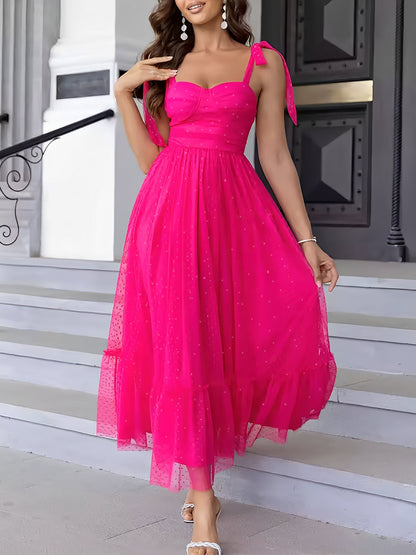 Sexy Sheer Swiss Dots Mesh Lace-Up Sleeveless Maxi Party Dress