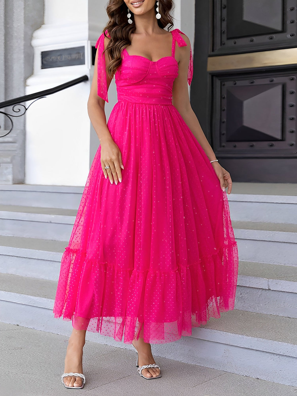Sexy Sheer Swiss Dots Mesh Lace-Up Sleeveless Maxi Party Dress