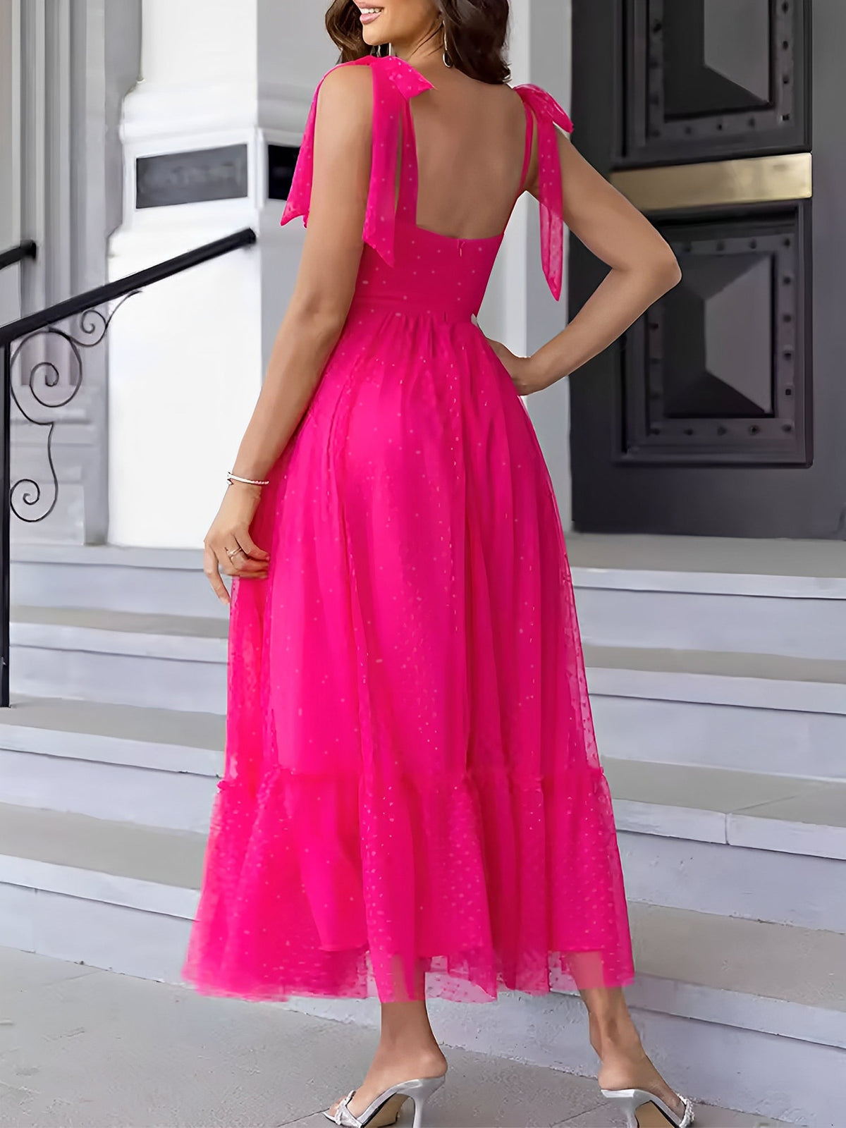 Sexy Sheer Swiss Dots Mesh Lace-Up Sleeveless Maxi Party Dress