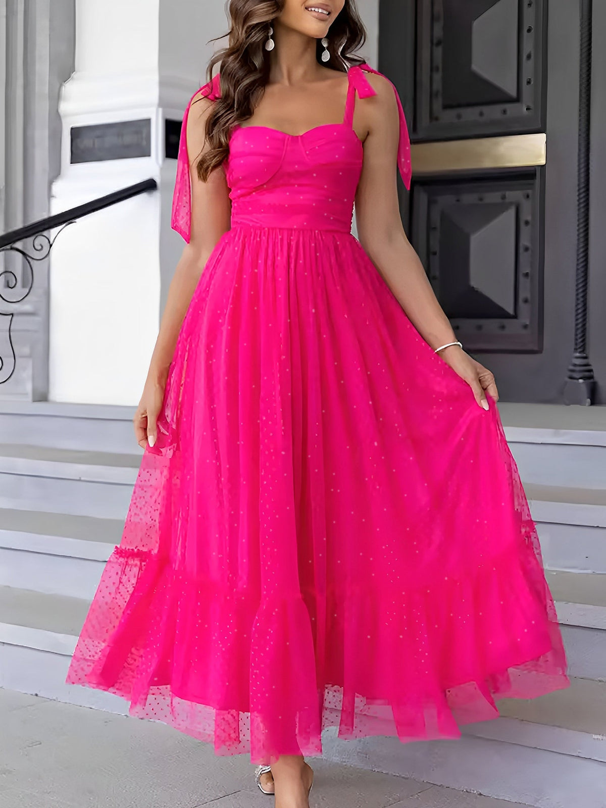 Sexy Sheer Swiss Dots Mesh Lace-Up Sleeveless Maxi Party Dress